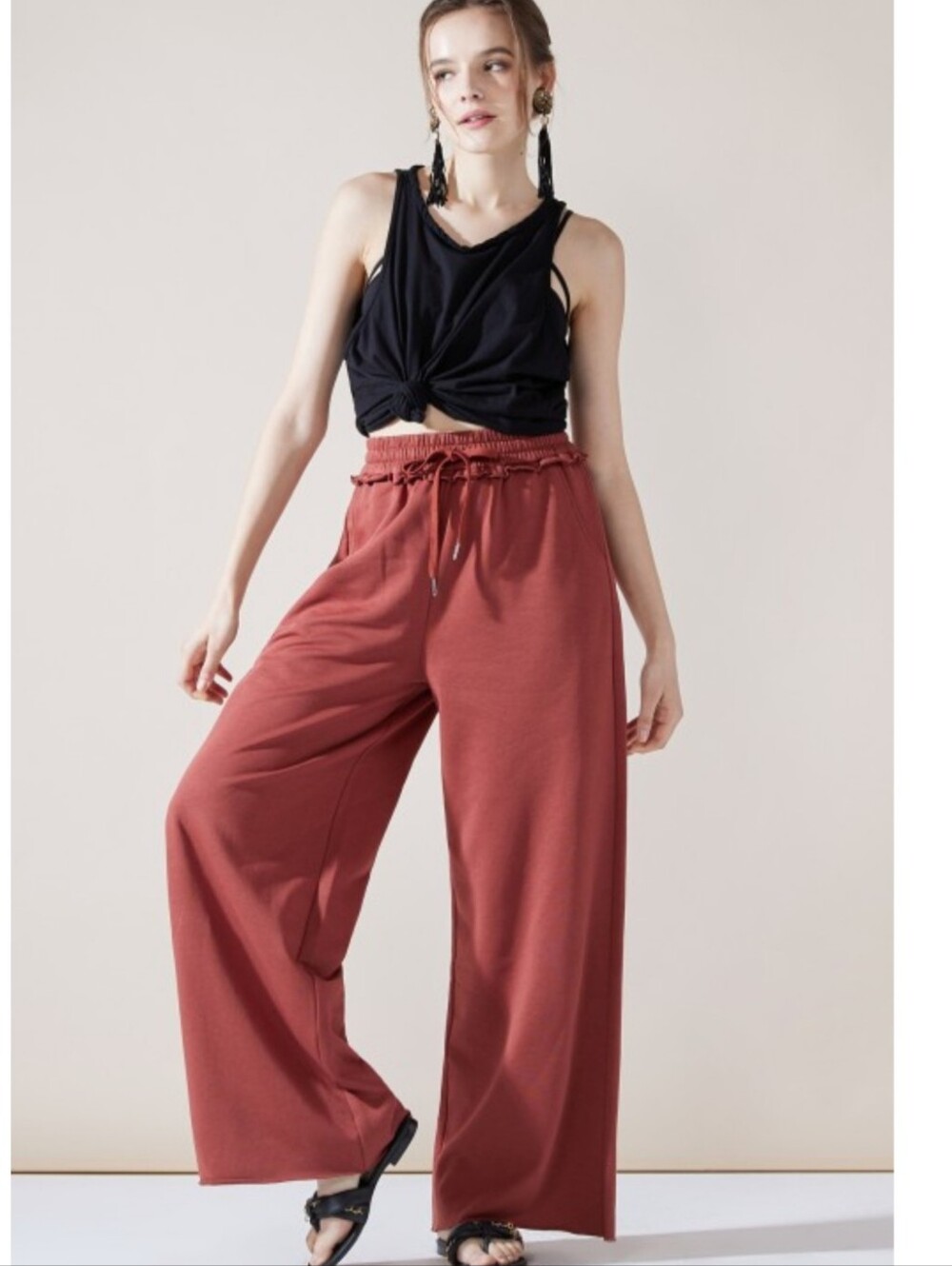 B-17 Wide Leg Drawstring Pants in Rust